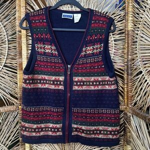 Erika & Co Womens Navy Blue Fair Isle Full Zip Knit Sweater Vest Size Medium Vtg